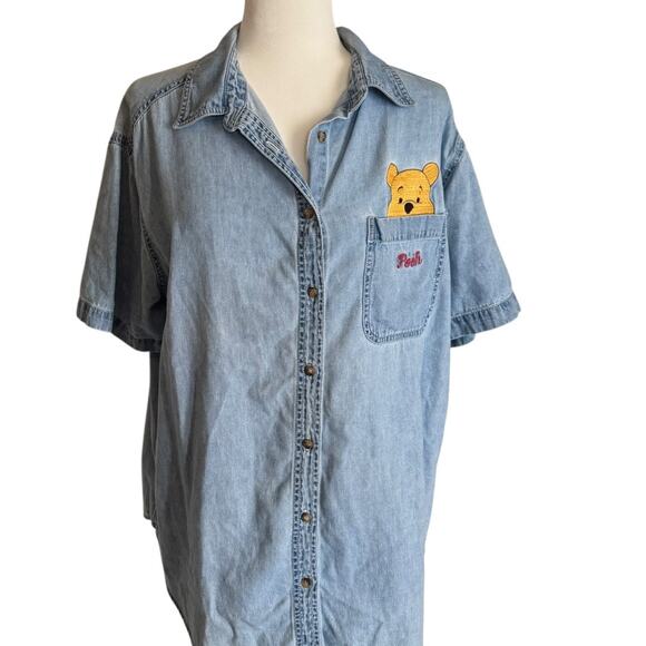 Vintage Disney Winnie the Pooh Embroidered Denim Shirt Button Down 14W/16W - Picture 1 of 8
